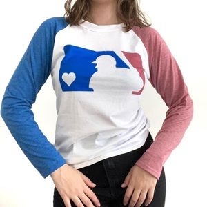 White blue and red MBL graphic tee in baseball style